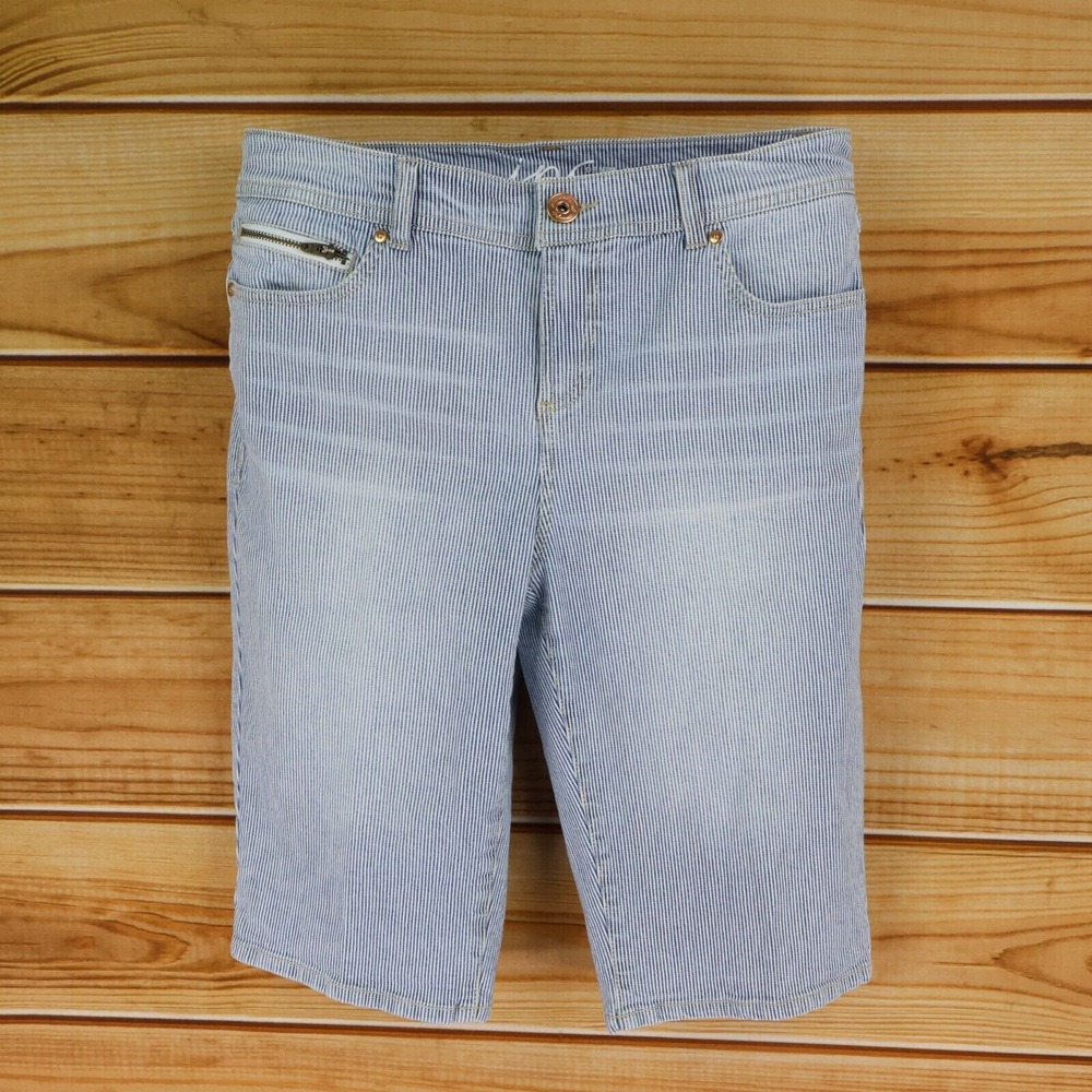INC Denim Bermuda Shorts Womens Sz 8 Blue White Striped Stretch Pockets Mid Rise